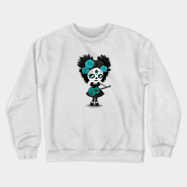 Teal Blue Sugar Skull Big Eyed Girl Playing the Guitar Crewneck Sweatshirt by jeffbartels